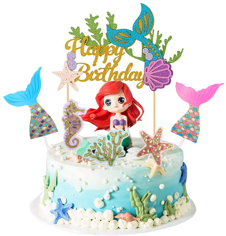 Mermaid Cake Topper Happy Birthday Cake Topper Glitter Under The Sea Cupcake Toppers Birthday Cake Decoration Supplies (6 Pieces) …