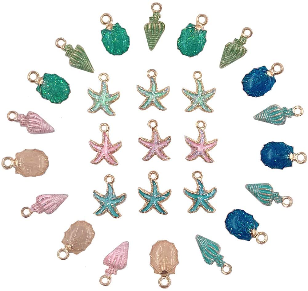 Sea Charms,27pcs Conch Starfish Shell Charms Alloy Enamel Pendants Shell Dangles Alloy Beads Jewelry Making Charms Kit