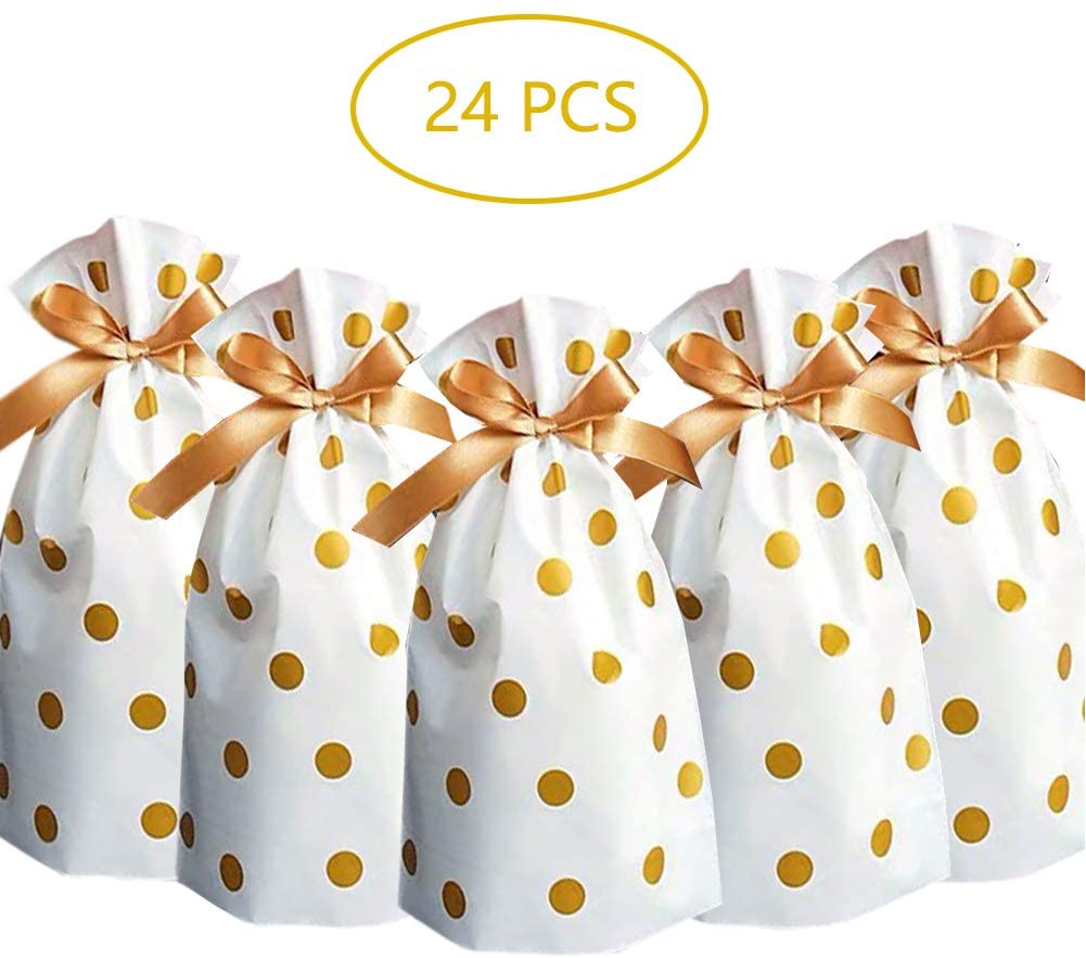 24pcs Treat Bags Party Favor Bags Gold Plastic Drawstring Gift Bags Candy Goodies Bags Food Storage Bags Gift Wrapping Package