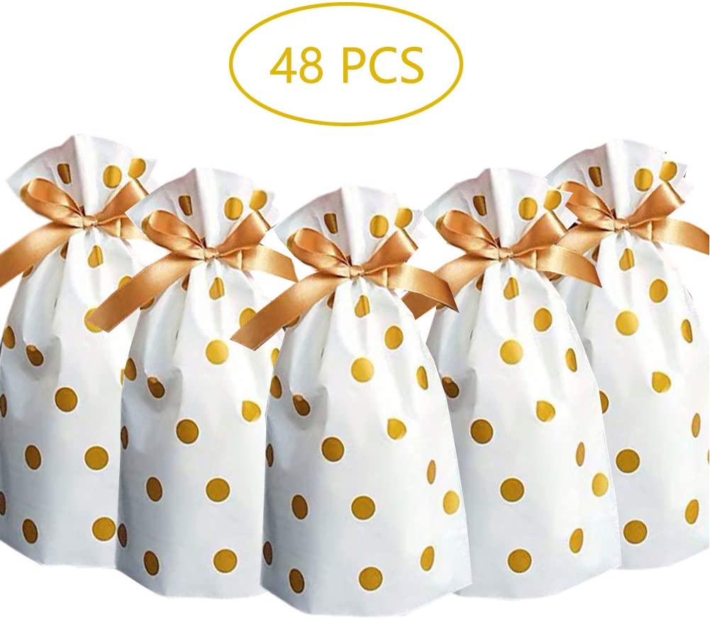 48pcs Treat Bags Party Favor Bags Gold Plastic Drawstring Gift Bags Candy Goodies Bags Food Storage Bags Gift Wrapping Package