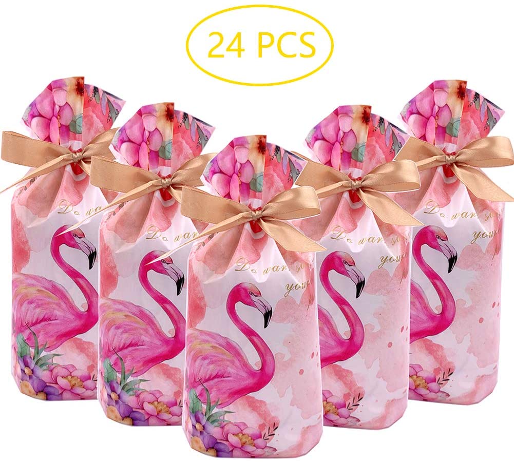 24pcs Treat Bags Party Favor Bags Flamingos Bags Plastic Gift Bags Drawstring Bags Candy Goodies Bags Gift Wrapping Package for Birthday Party Wedding Baby Shower Bridal Shower