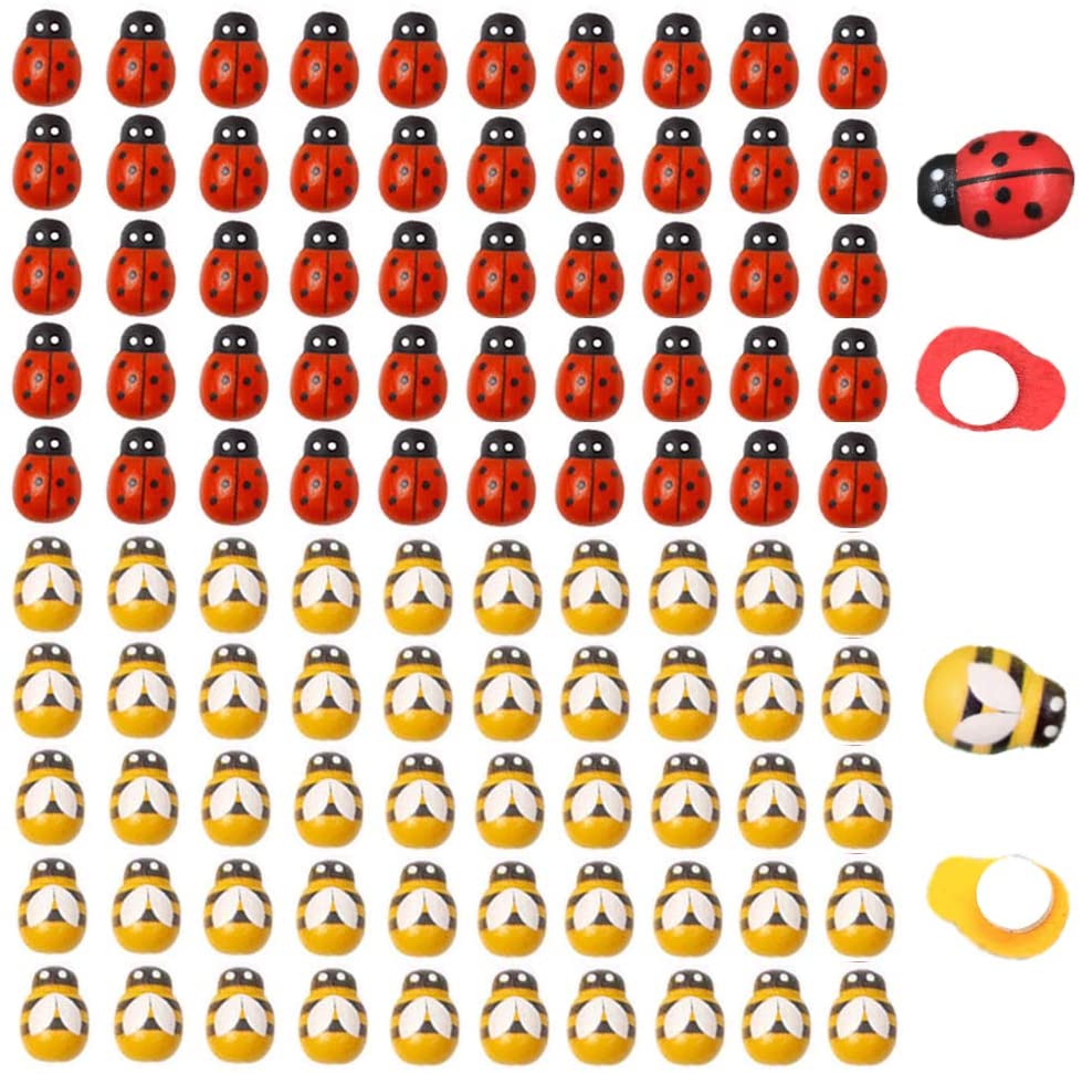 120pcs Wood Bees and Wood Ladybugs, Flatback Bees Wooden Ladybugs Self-Adhesive Embellishments for Craft Scrapbooking Baby Shower Birthday Party Decoration