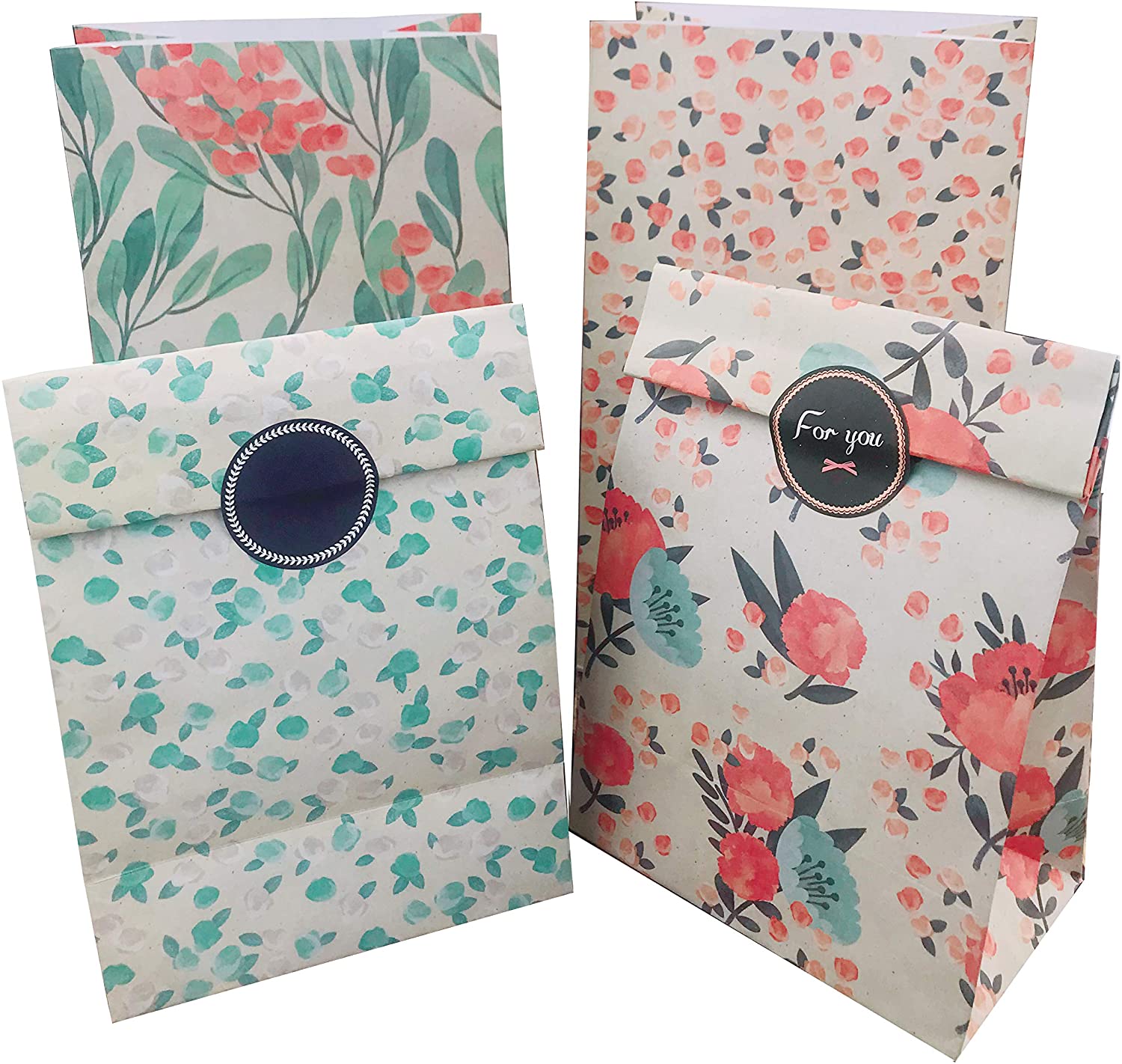 Floral Paper Gift Bags, 12pcs Party Favor Bags Vintage CandyTreat Bags with Thank You Stickers